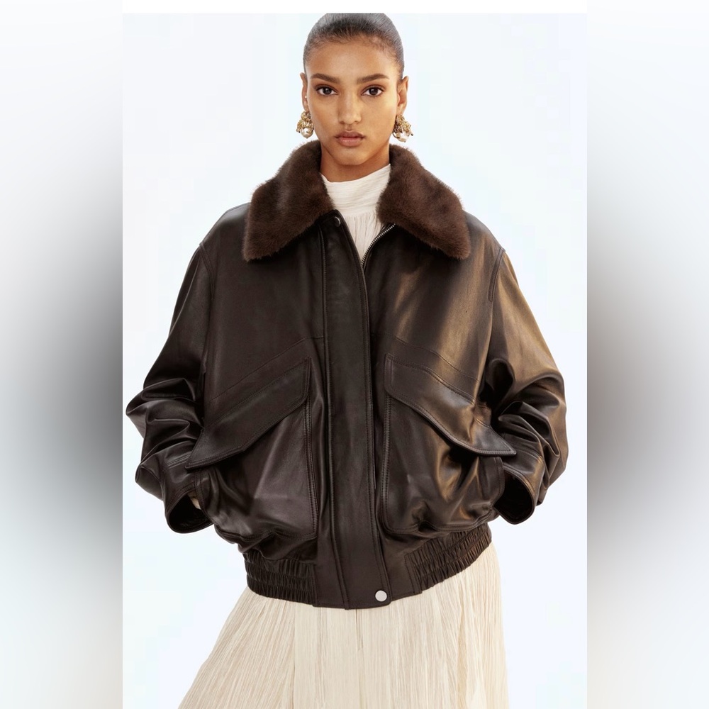 H&M OVERSIZED LEATHER JACKET SZ S BROWN BOMBER